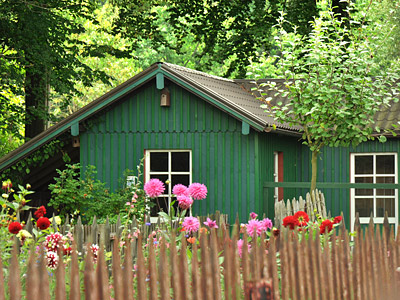 Ein grünes Holzhaus umgeben von bunten Blumen und Bäumen.